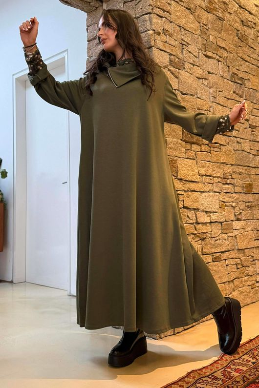 Sola Smart Tech Zip Cowl Dress Khaki